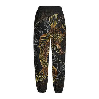 Golden Spiritual Koi Fish Print Fleece Lined Knit Pants
