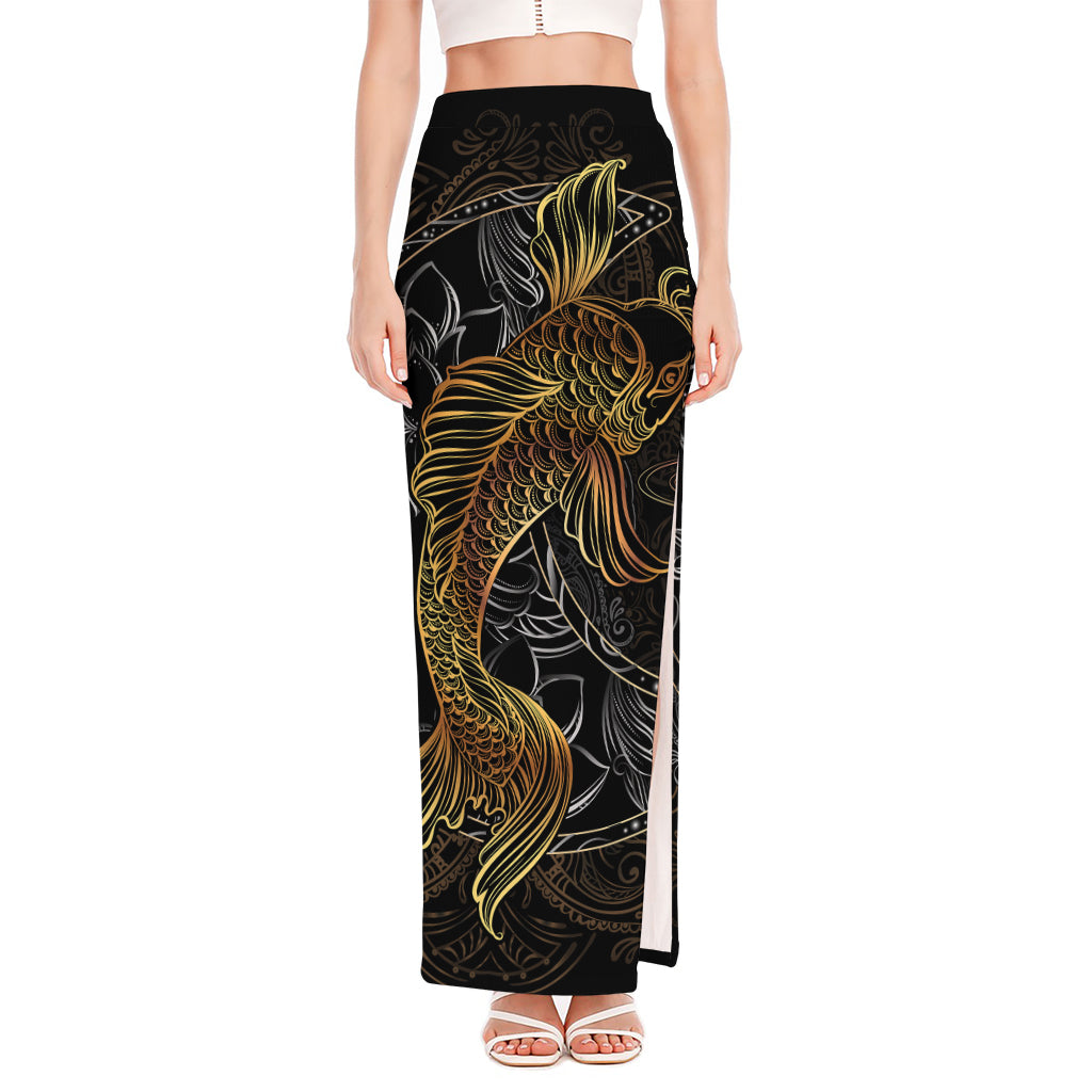 Golden Spiritual Koi Fish Print High Slit Maxi Skirt