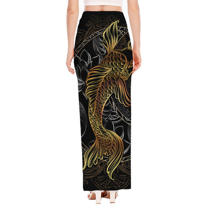 Golden Spiritual Koi Fish Print High Slit Maxi Skirt