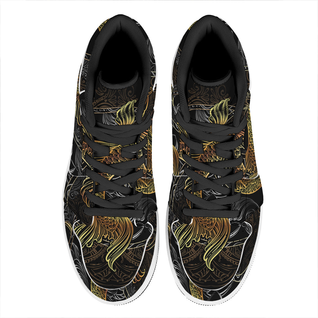 Golden Spiritual Koi Fish Print High Top Leather Sneakers