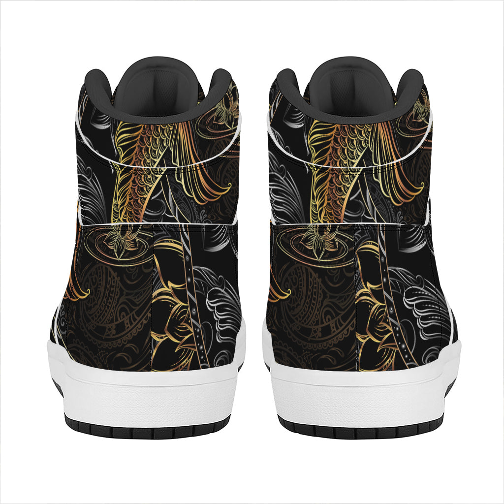 Golden Spiritual Koi Fish Print High Top Leather Sneakers