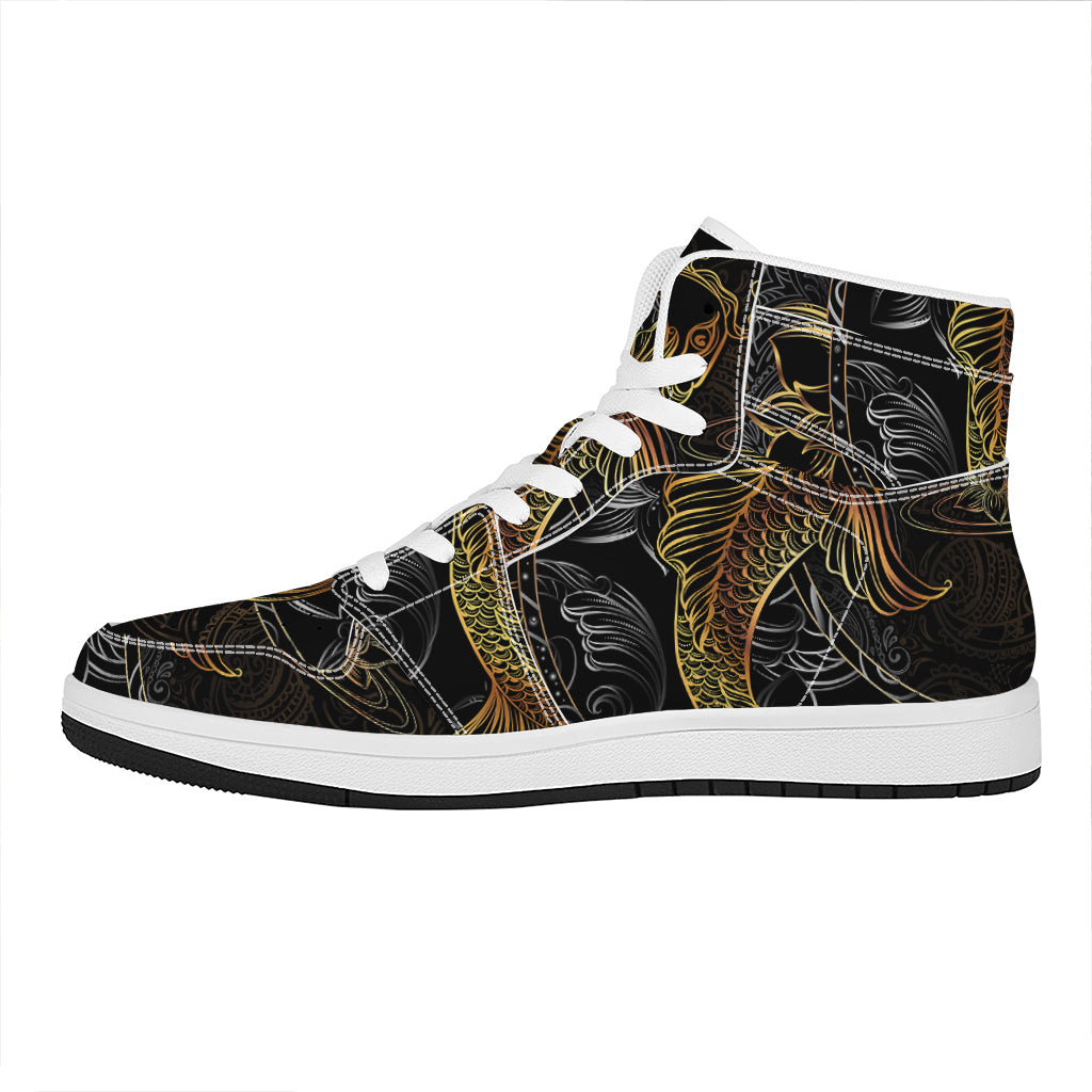 Golden Spiritual Koi Fish Print High Top Leather Sneakers