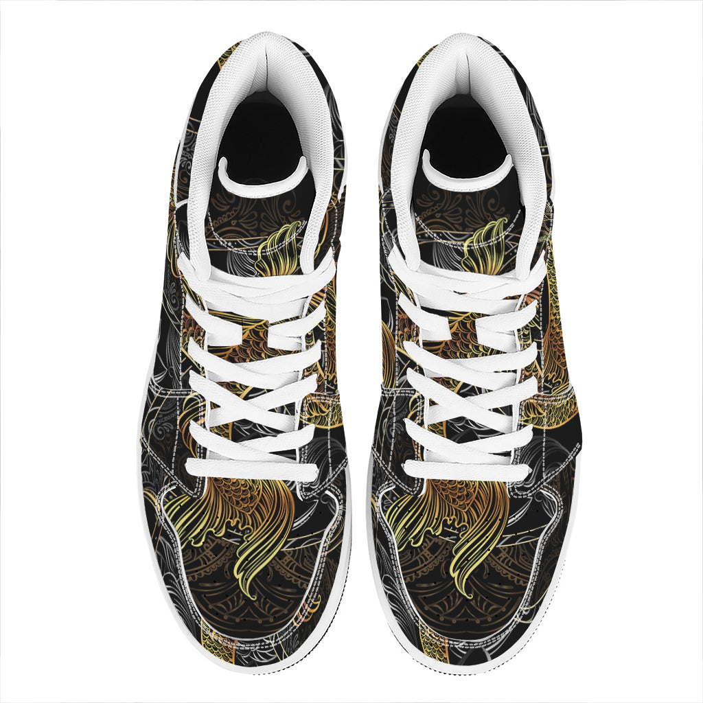 Golden Spiritual Koi Fish Print High Top Leather Sneakers