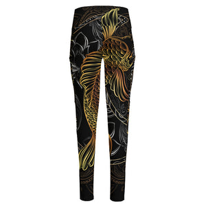 Golden Spiritual Koi Fish Print High-Waisted Pocket Leggings