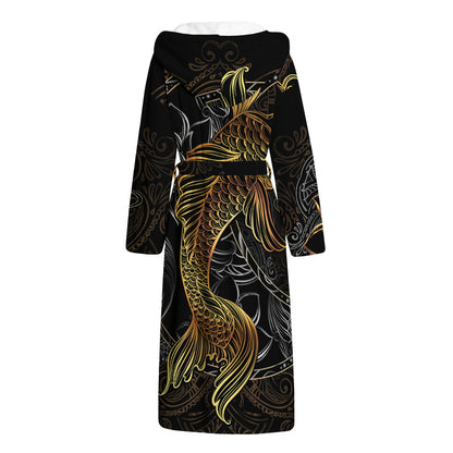Golden Spiritual Koi Fish Print Hooded Bathrobe