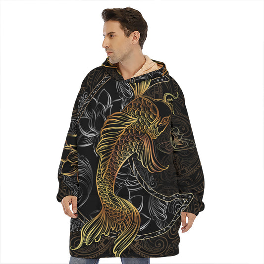 Golden Spiritual Koi Fish Print Hoodie Blanket