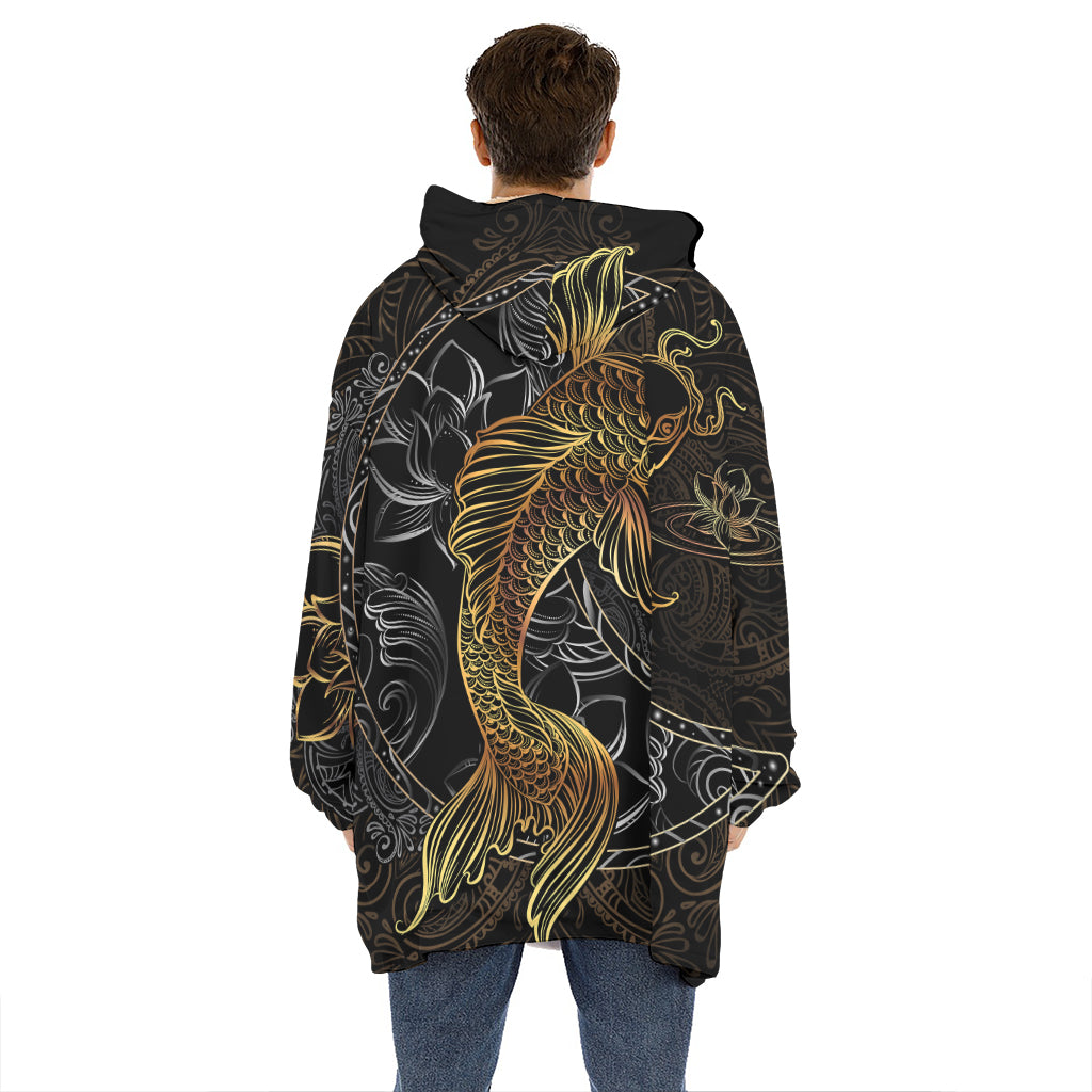 Golden Spiritual Koi Fish Print Hoodie Blanket