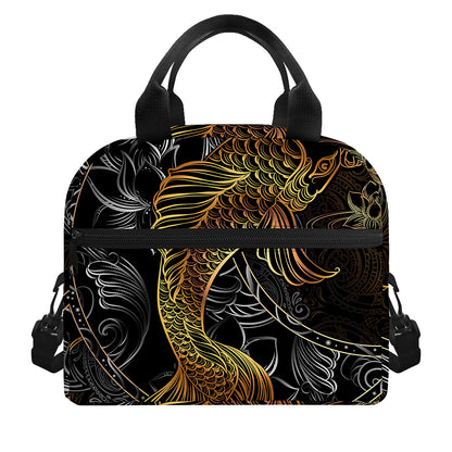 Golden Spiritual Koi Fish Print Insulated Lunch Bag