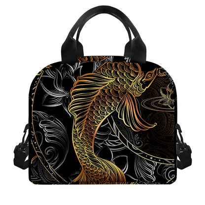 Golden Spiritual Koi Fish Print Insulated Lunch Bag