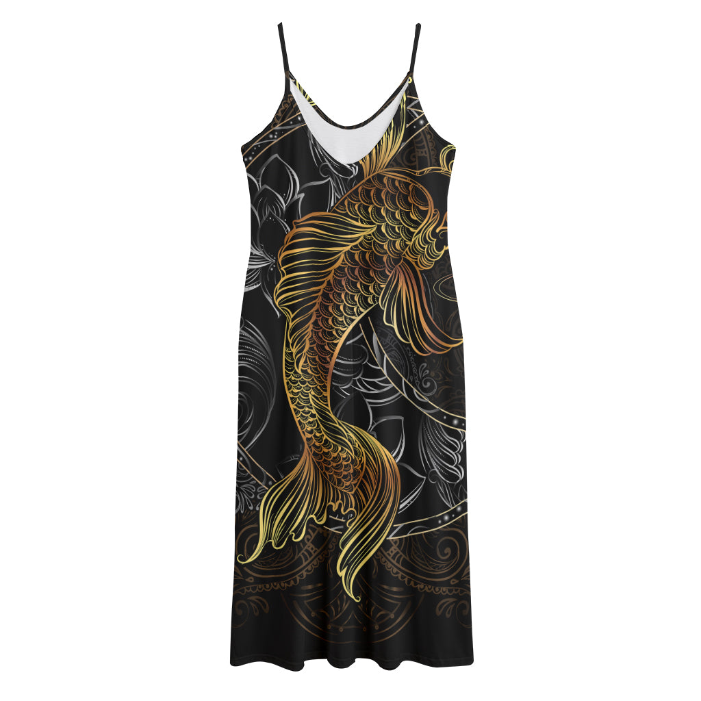 Golden Spiritual Koi Fish Print Jersey Midi Cami Dress
