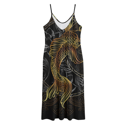 Golden Spiritual Koi Fish Print Jersey Midi Cami Dress