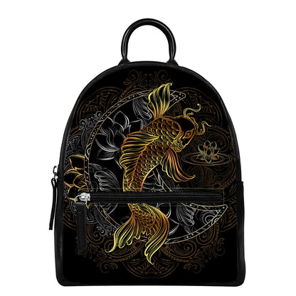 Golden Spiritual Koi Fish Print Leather Backpack
