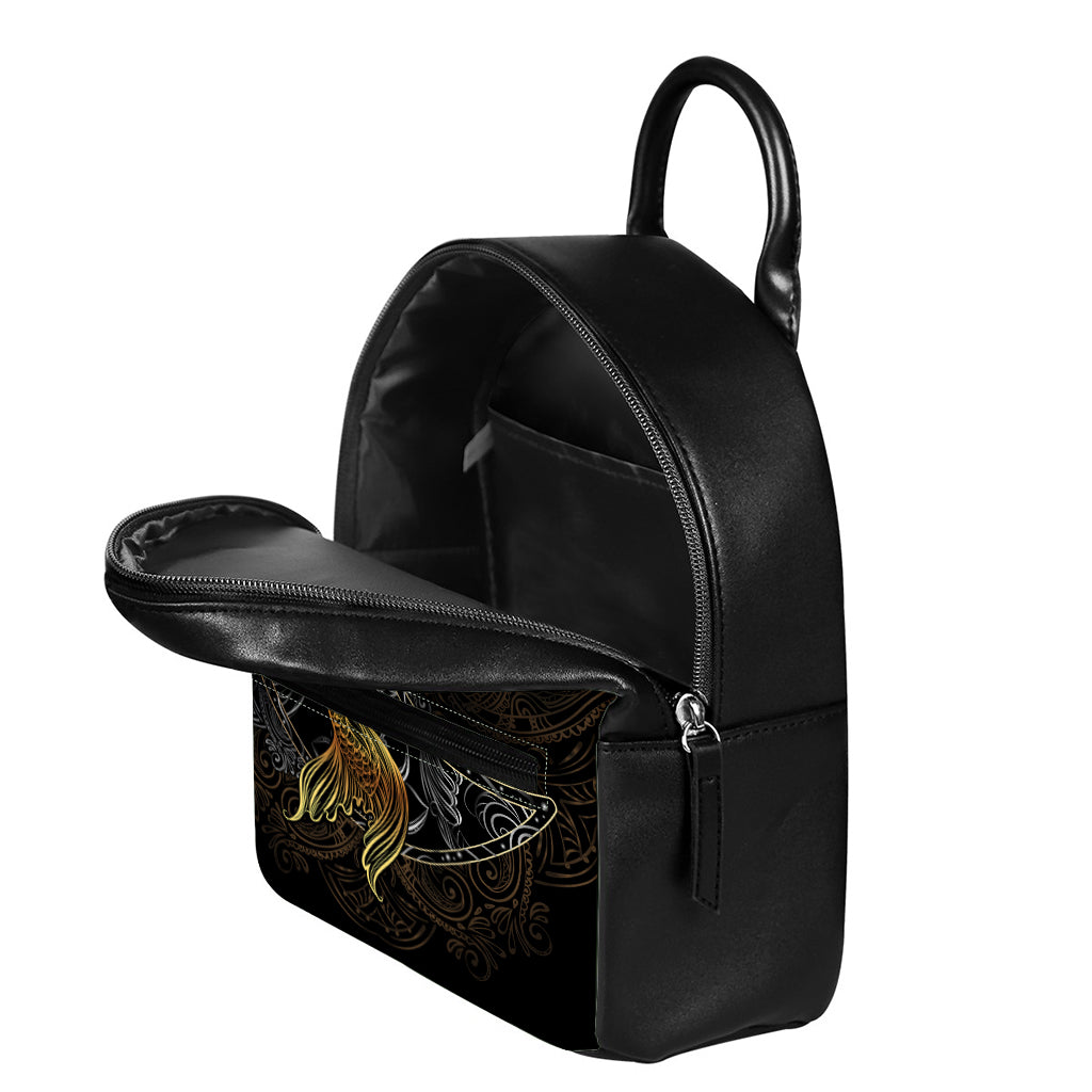 Golden Spiritual Koi Fish Print Leather Backpack