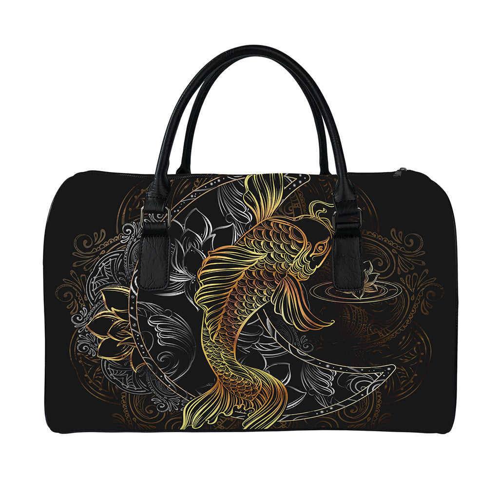Golden Spiritual Koi Fish Print Leather Duffle Bag