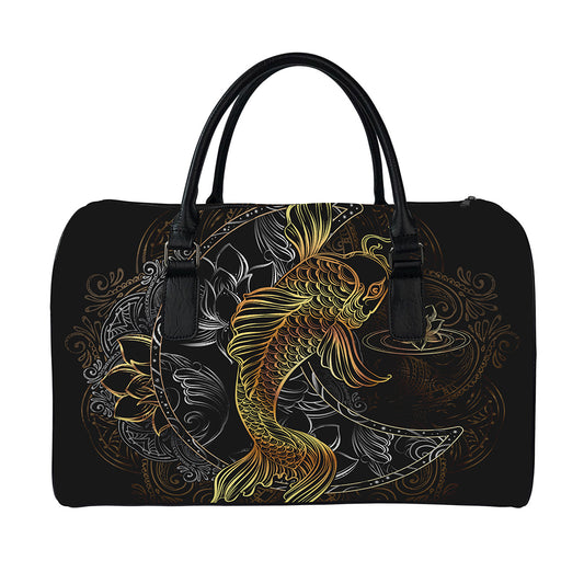 Golden Spiritual Koi Fish Print Leather Duffle Bag