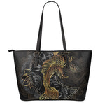 Golden Spiritual Koi Fish Print Leather Tote Bag