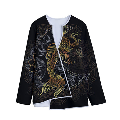 Golden Spiritual Koi Fish Print Long Sleeve Short Coat