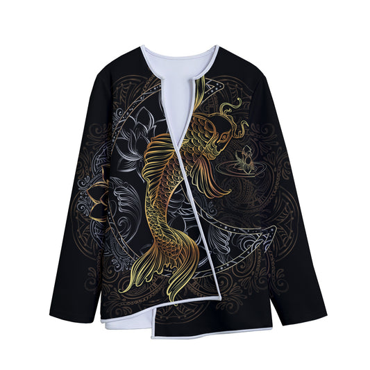 Golden Spiritual Koi Fish Print Long Sleeve Short Coat