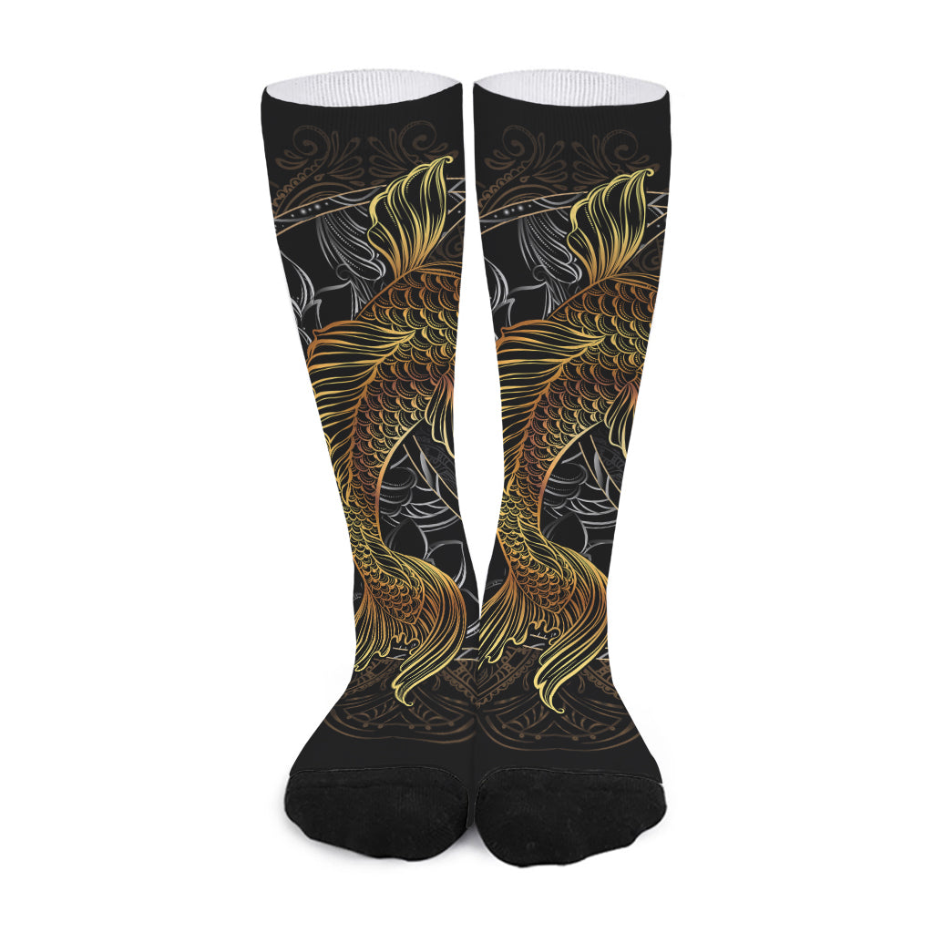 Golden Spiritual Koi Fish Print Long Socks