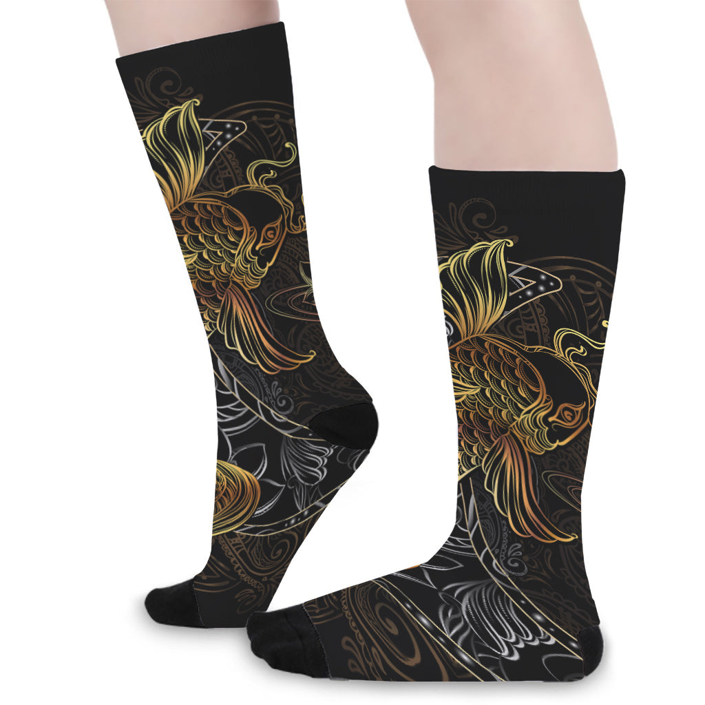 Golden Spiritual Koi Fish Print Long Socks