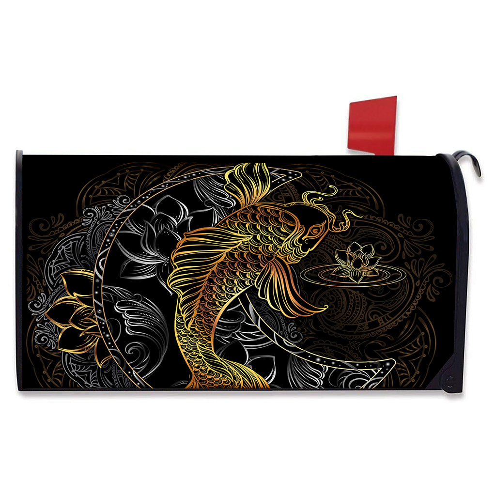 Golden Spiritual Koi Fish Print Mailbox Cover