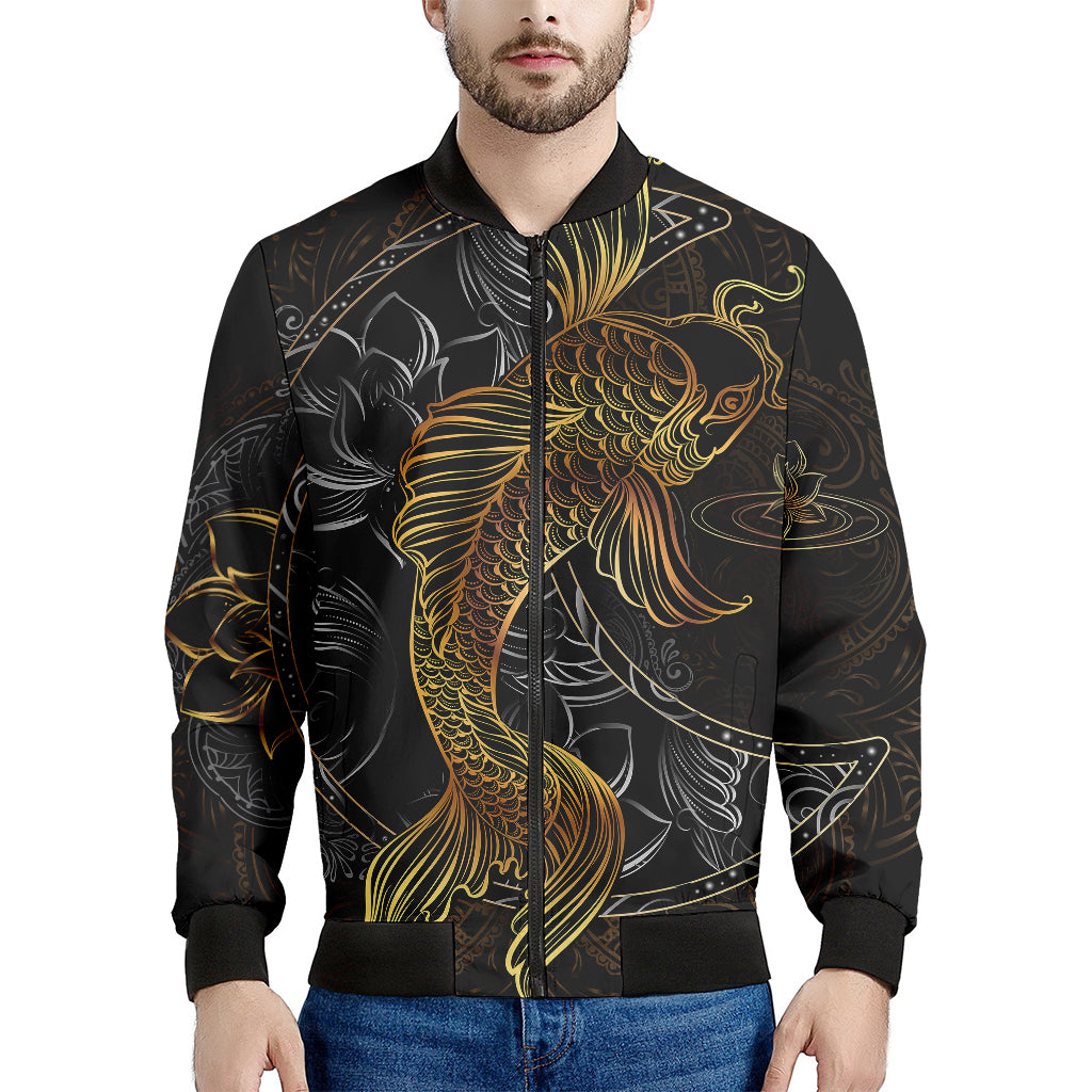 Golden Spiritual Koi Fish Print Men's Bomber Jacket