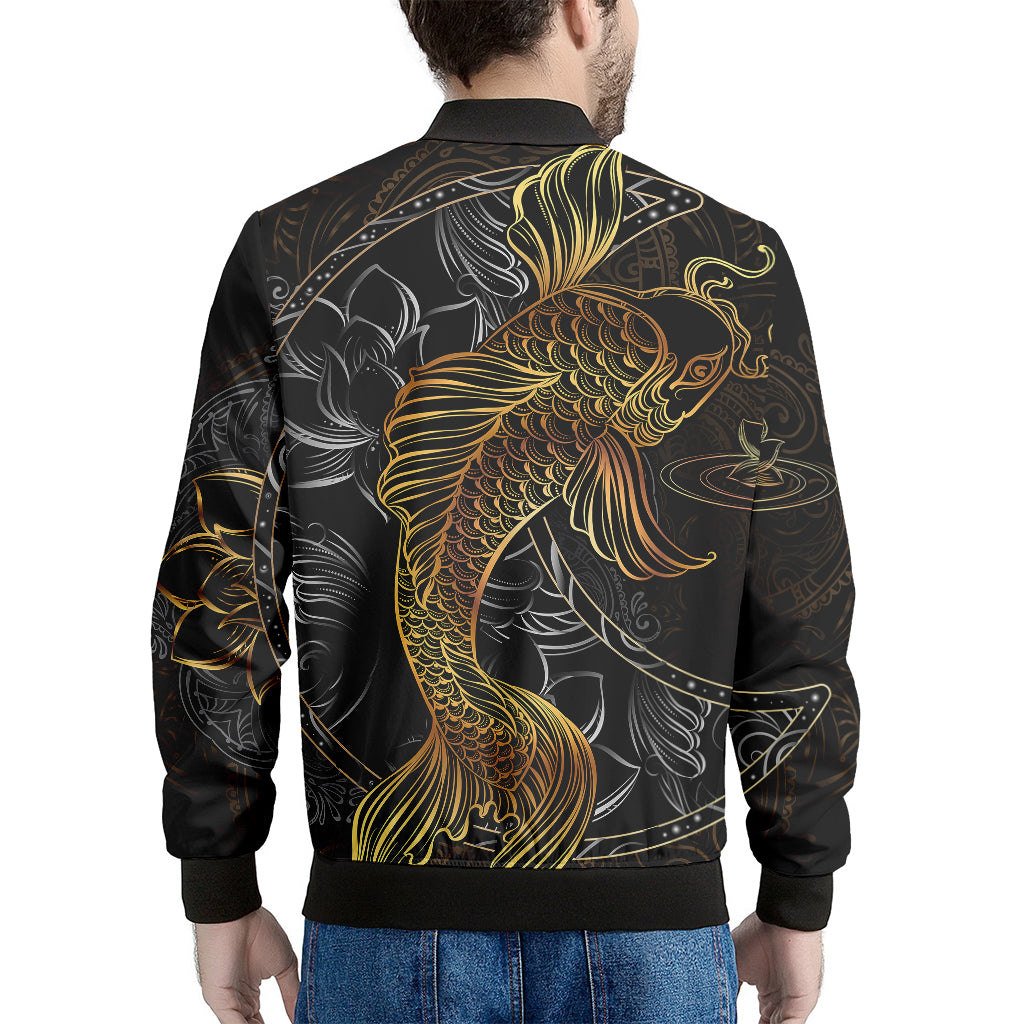 Golden Spiritual Koi Fish Print Men's Bomber Jacket