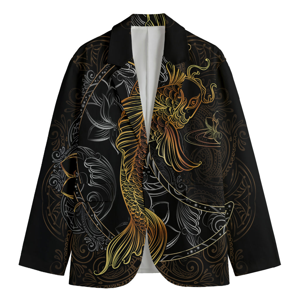 Golden Spiritual Koi Fish Print Men's Cotton Blazer
