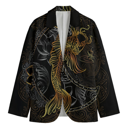Golden Spiritual Koi Fish Print Men's Cotton Blazer