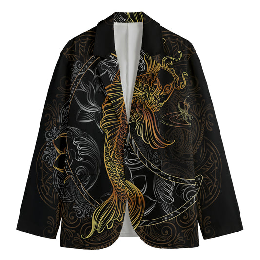 Golden Spiritual Koi Fish Print Men's Cotton Blazer
