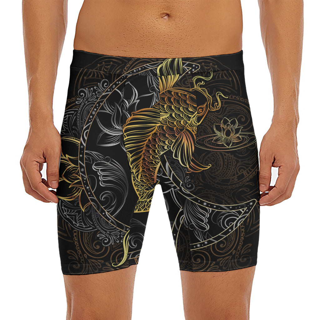 Golden Spiritual Koi Fish Print Men's Long Boxer Briefs