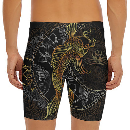 Golden Spiritual Koi Fish Print Men's Long Boxer Briefs