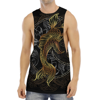 Golden Spiritual Koi Fish Print Men's Muscle Tank Top