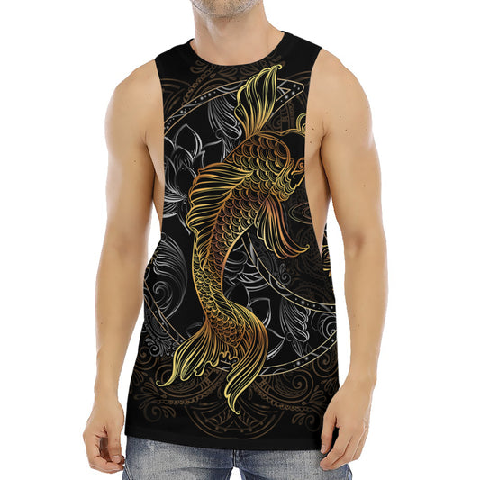 Golden Spiritual Koi Fish Print Men's Muscle Tank Top