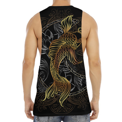 Golden Spiritual Koi Fish Print Men's Muscle Tank Top