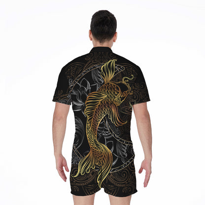 Golden Spiritual Koi Fish Print Men's Rompers