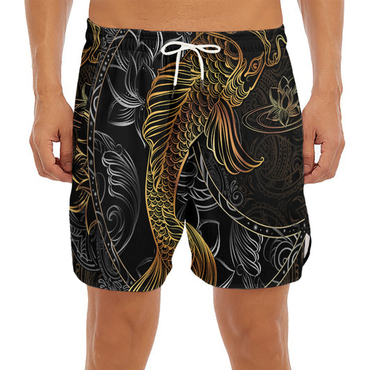 Golden Spiritual Koi Fish Print Men's Split Running Shorts
