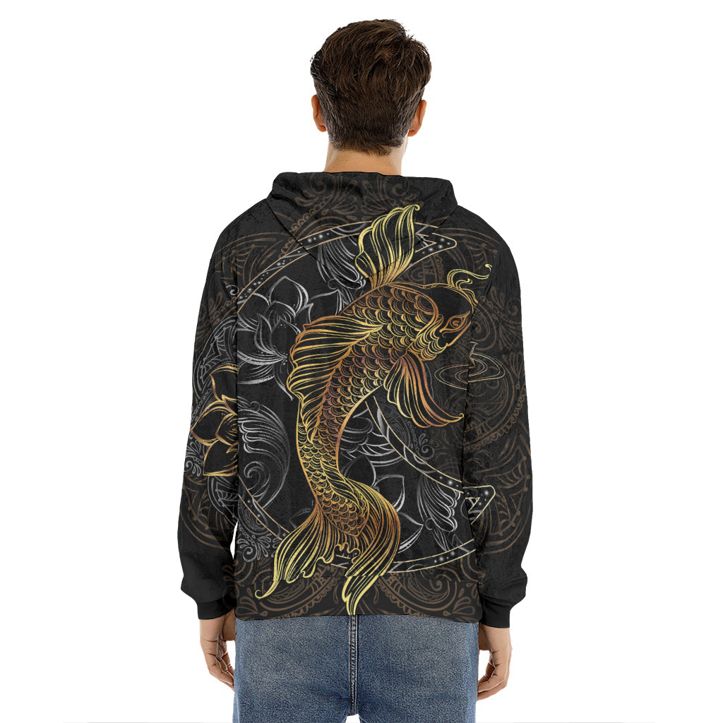 Golden Spiritual Koi Fish Print Men's Velvet Pullover Hoodie