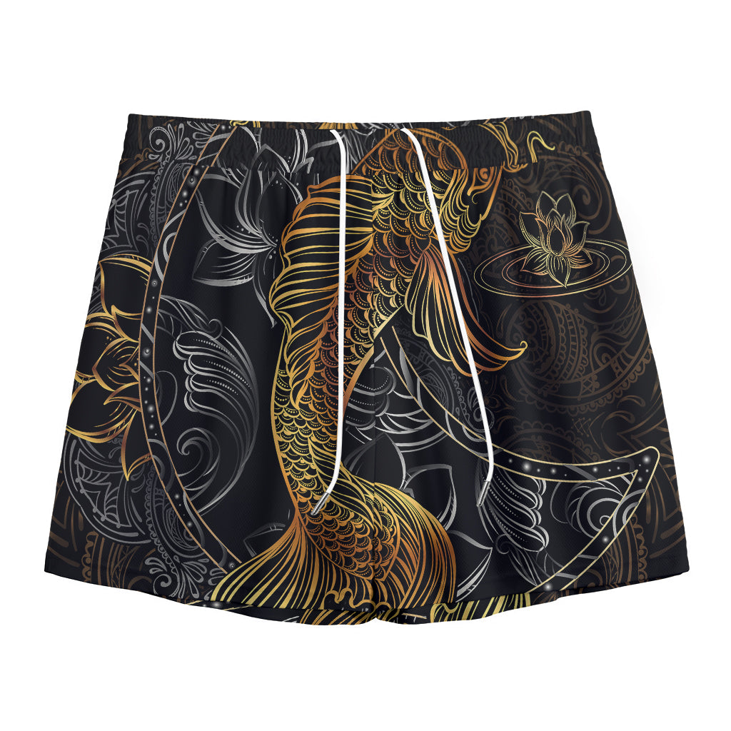 Golden Spiritual Koi Fish Print Mesh Shorts