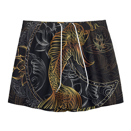 Golden Spiritual Koi Fish Print Mesh Shorts