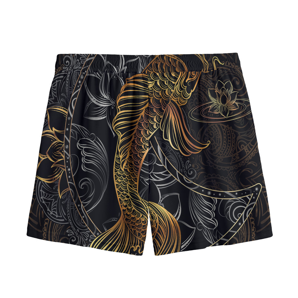 Golden Spiritual Koi Fish Print Mesh Shorts