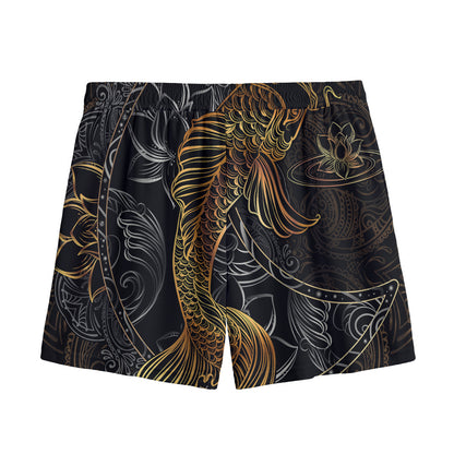Golden Spiritual Koi Fish Print Mesh Shorts