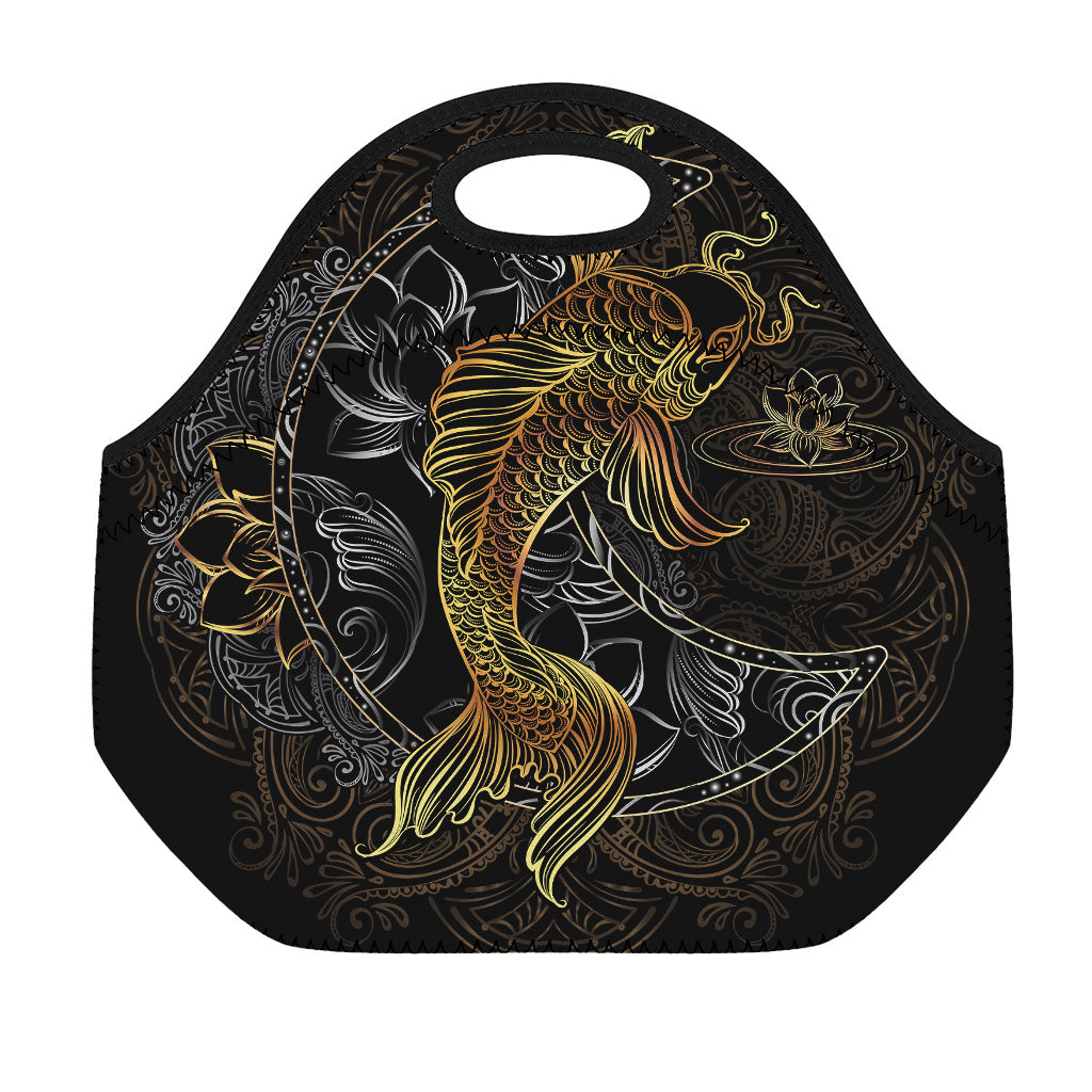 Golden Spiritual Koi Fish Print Neoprene Lunch Bag