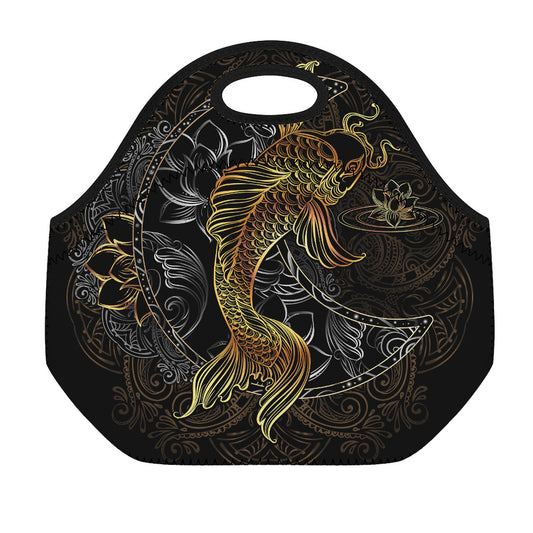Golden Spiritual Koi Fish Print Neoprene Lunch Bag