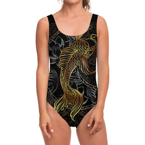 Golden Spiritual Koi Fish Print One Piece Swimsuit