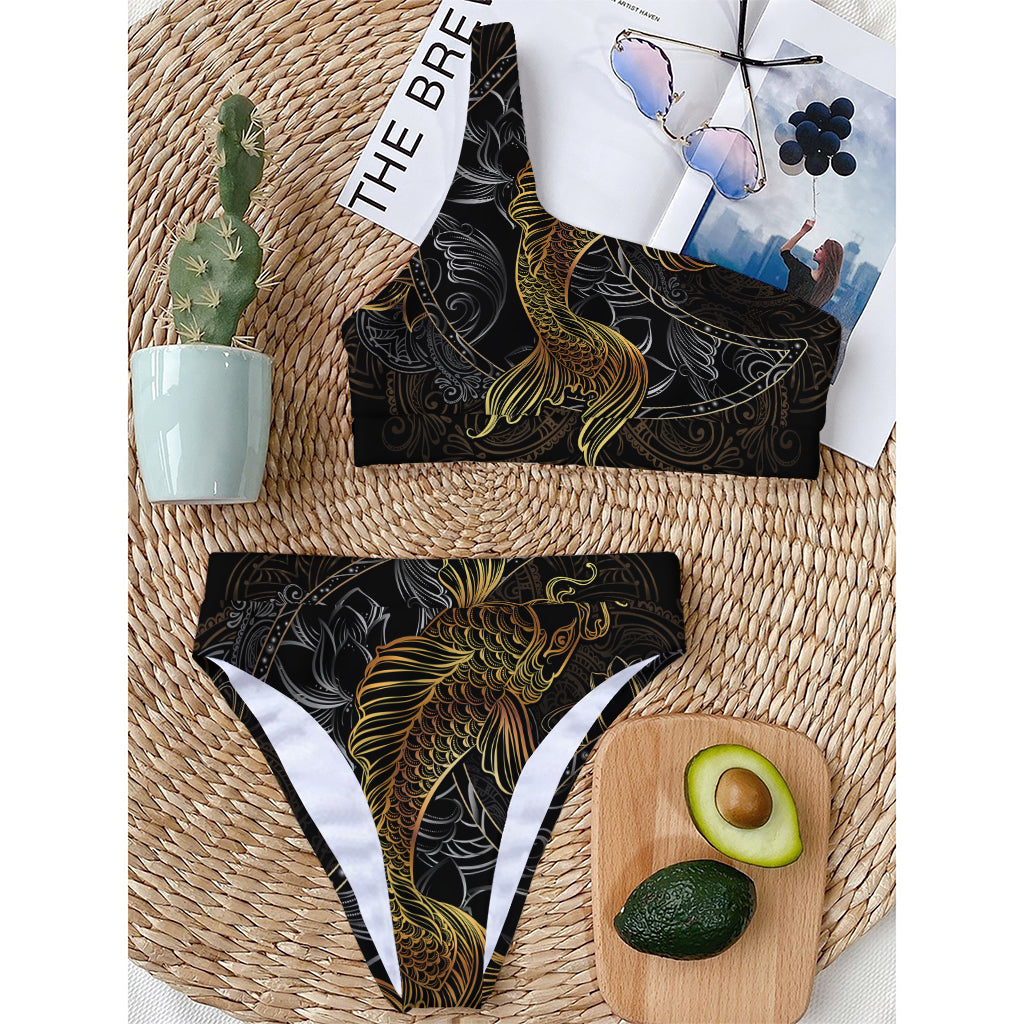 Golden Spiritual Koi Fish Print One Shoulder Bikini Top