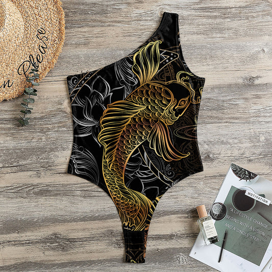 Golden Spiritual Koi Fish Print One Shoulder Bodysuit