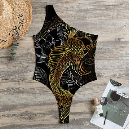 Golden Spiritual Koi Fish Print One Shoulder Bodysuit