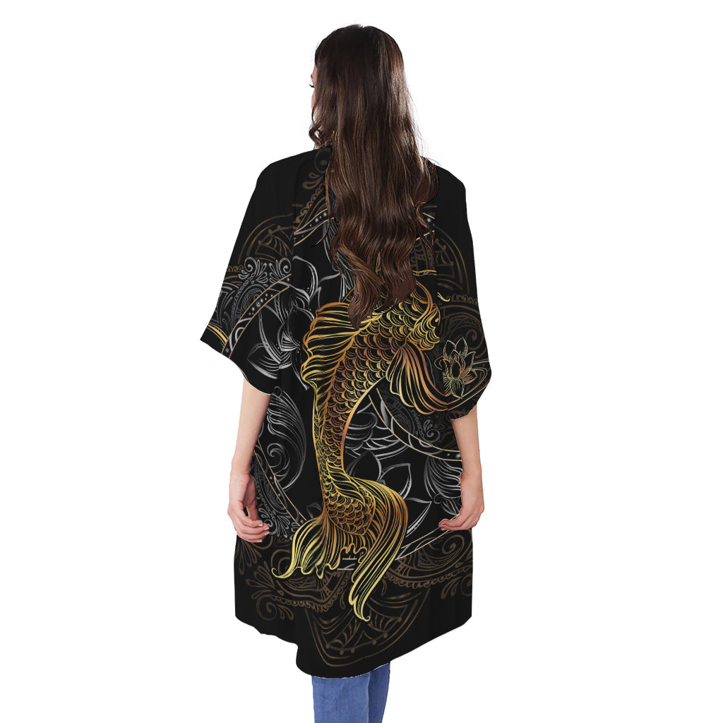 Golden Spiritual Koi Fish Print Open Front Beach Cover Up