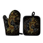 Golden Spiritual Koi Fish Print Oven Mitt And Pot Holder Set